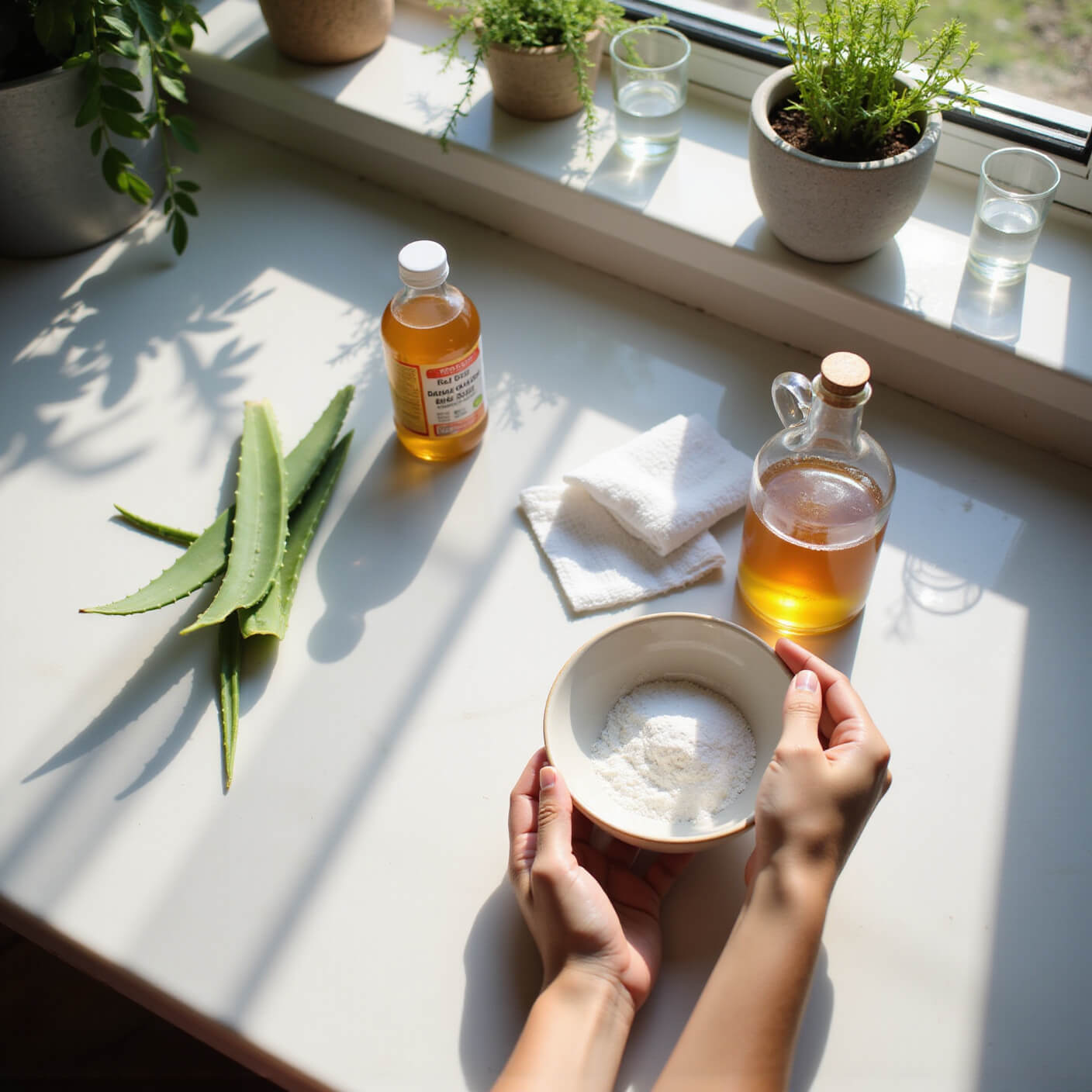 Hands mixing baking soda and water in a ceramic bowl on a sunny marble kitchen counter with aloe vera, raw honey, apple cider vinegar, white cloths, and a glass of water nearby.