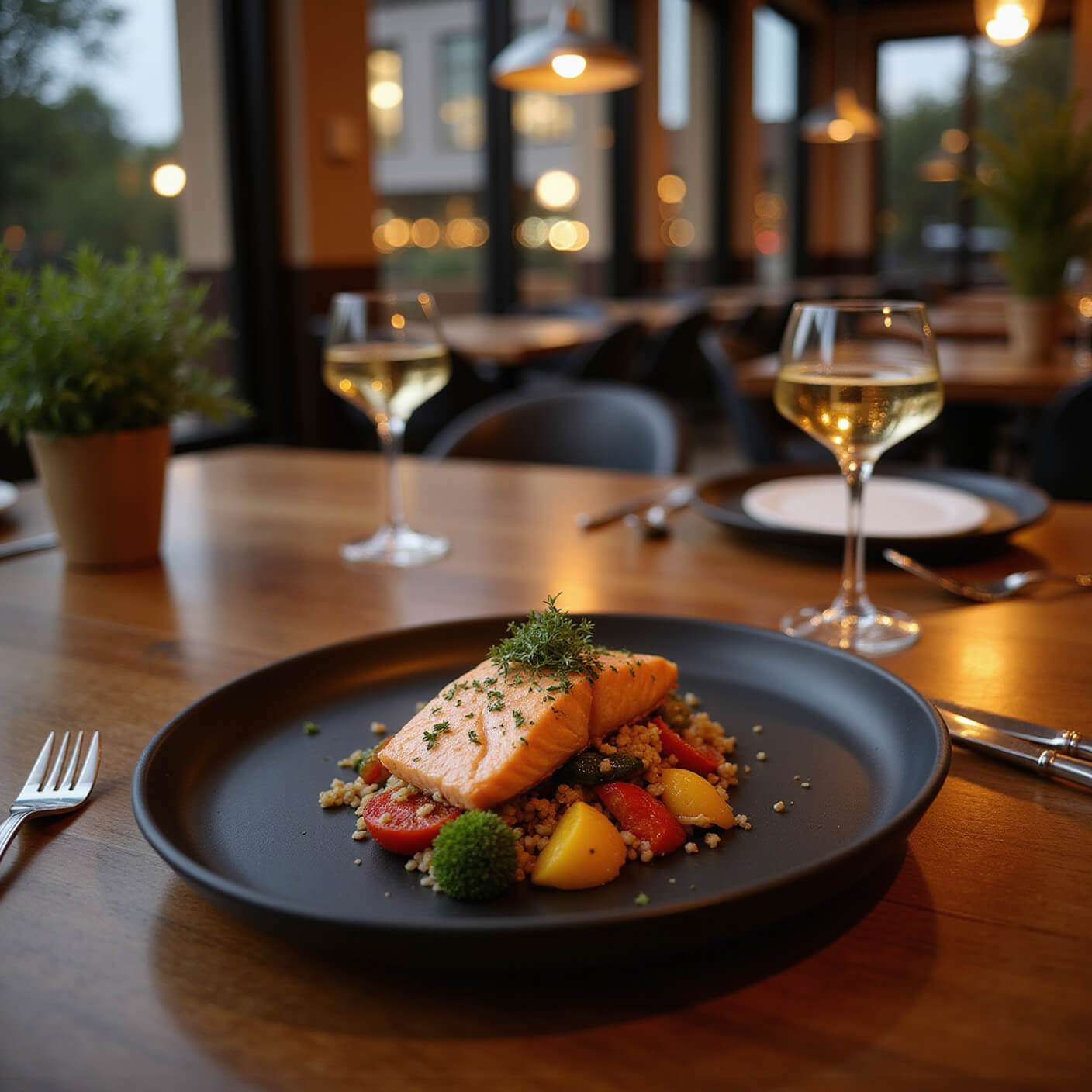 Professionally plated salmon dinner with quinoa and roasted vegetables on a matte black plate, elegant dining setup, and warm pendant lighting at dusk in a contemporary restaurant.