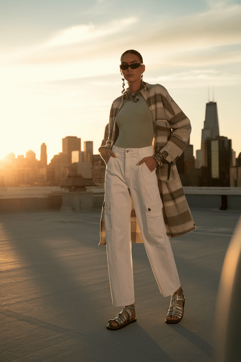 Fashion model poses on an urban rooftop at sunset, wearing white cargo pants, a sage green bodysuit, metallic strappy sandals, oversized sunglasses, and mixed metal jewelry, with a glowing city skyline in the background.