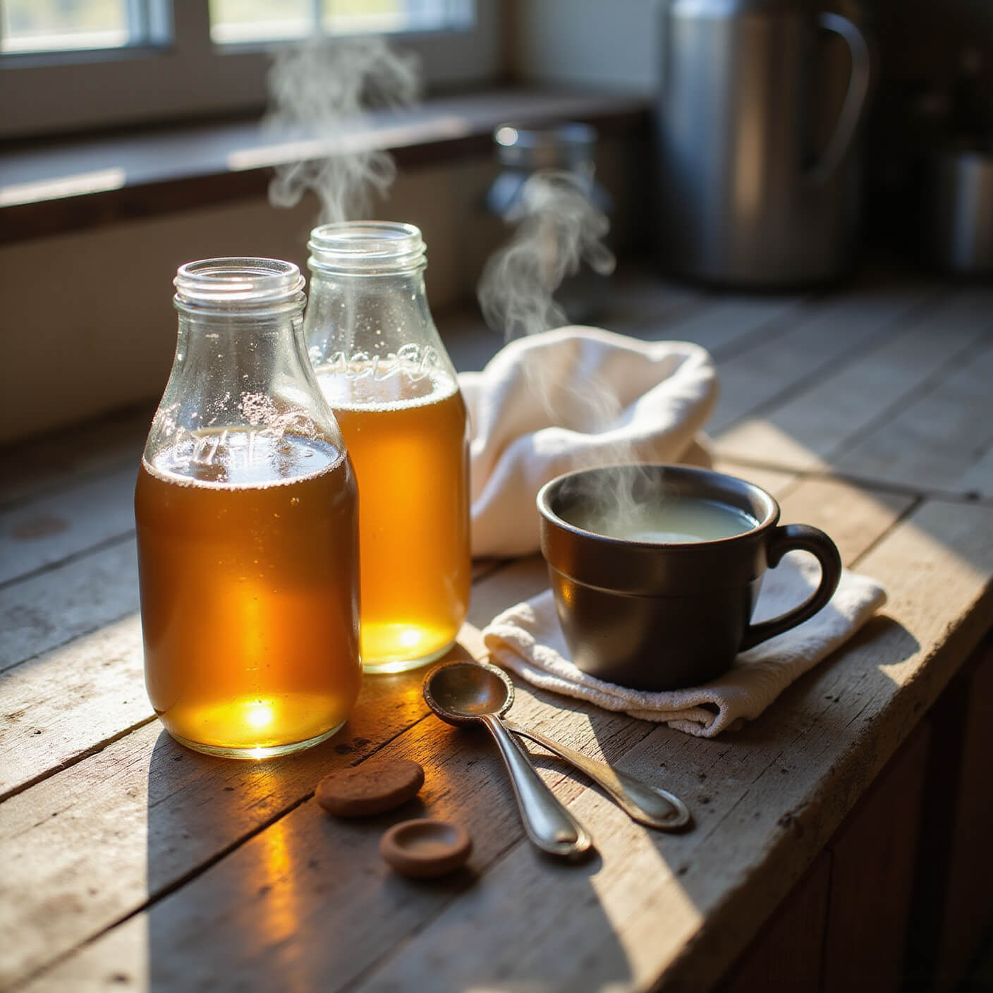 Rustic kitchen scene with apple cider vinegar remedy setup, featuring vintage mason jars, organic cloths, and measuring spoons on reclaimed wood, steam rising from hot water, in warm, dramatic lighting.