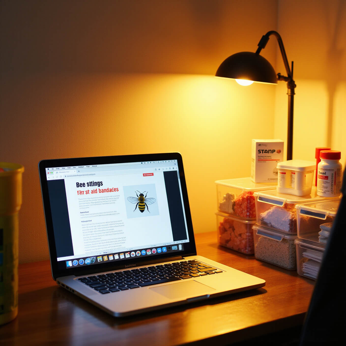 Modern home office desk with open laptop showing bee sting first aid info, surrounded by organized emergency supplies and warm desk lamp lighting.