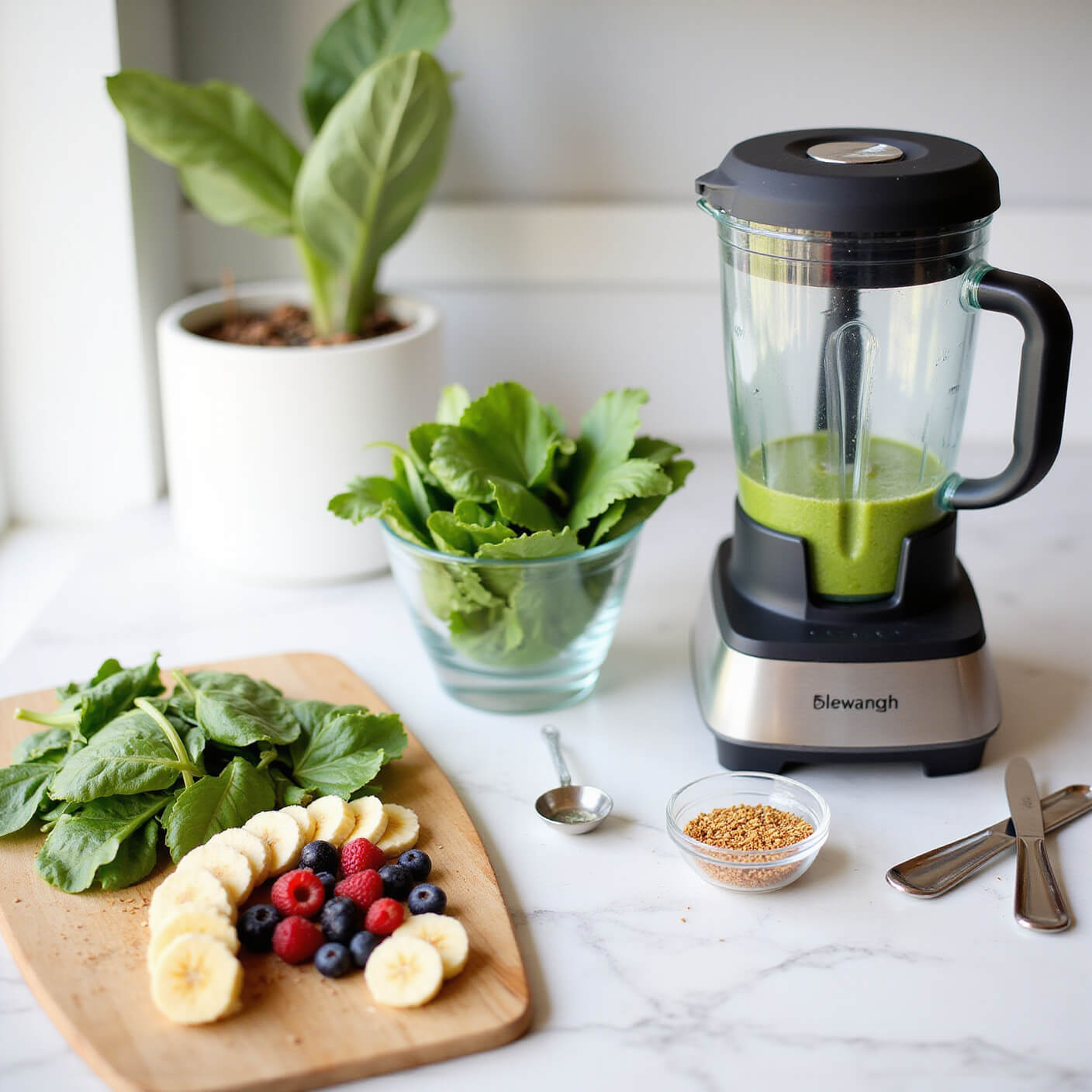 Bright breakfast nook with a high-end blender mixing green smoothie, surrounded by fresh spinach, banana slices, mixed berries, flaxseeds, and kitchen tools on a white marble counter, shot from a 3/4 angle.