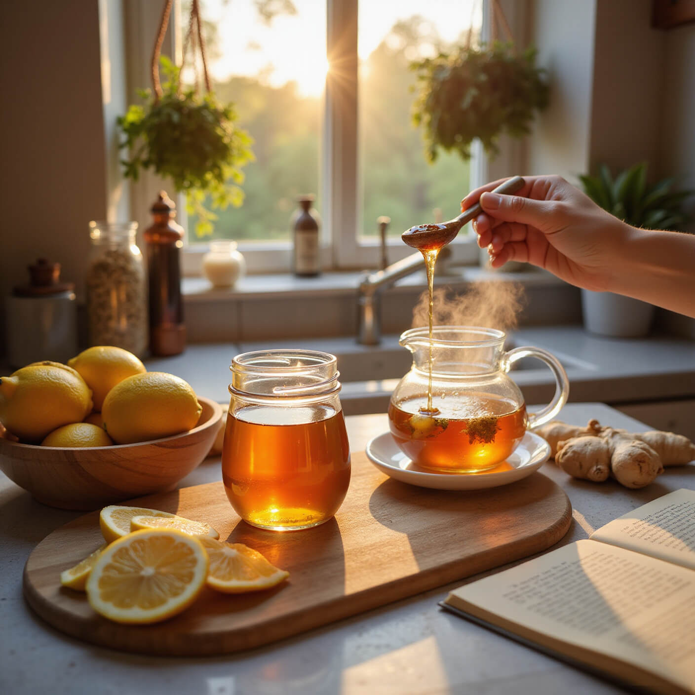 Close-up of a warm kitchen scene at golden hour, with raw honey in a ceramic spoon, steaming chamomile tea in a glass set, sliced lemons and ginger on wooden boards, an open handwritten recipe book, and dried herbs hanging above.