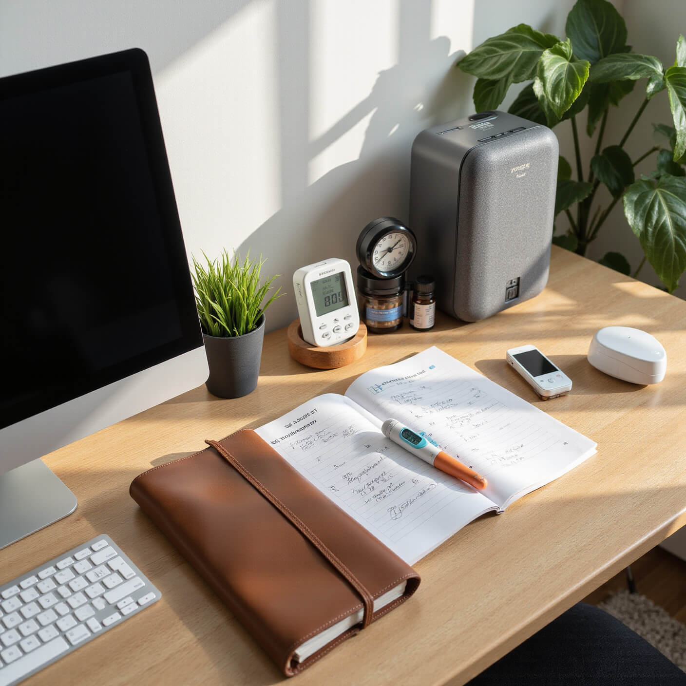 Organized contemporary home office with wellness tools including thermometer, pulse oximeter, baby monitor, health journal, air purifier, hygrometer, plants, and essential oil diffuser in natural late morning light.