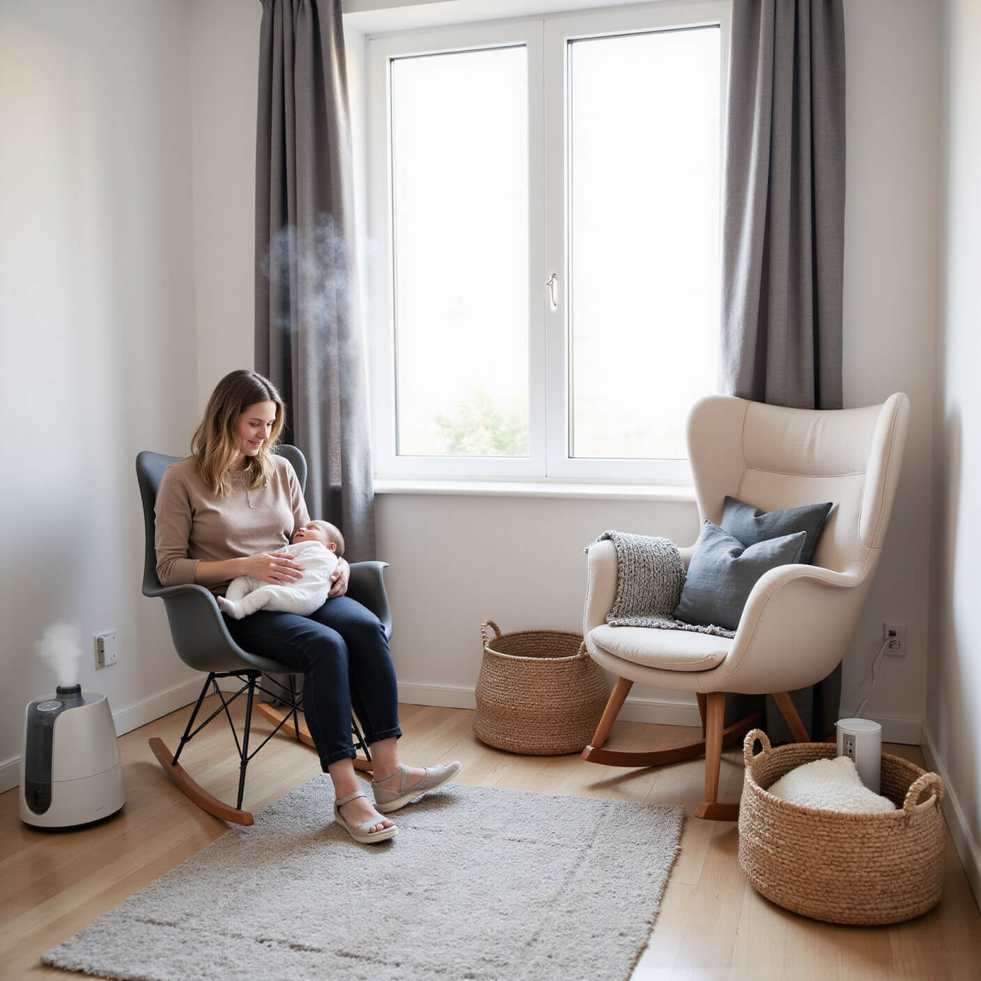 Parent rocking a sleeping baby in a Scandinavian-style nursery with soft lighting, visible cool-mist humidifier, and organized medical supplies in rattan baskets.
