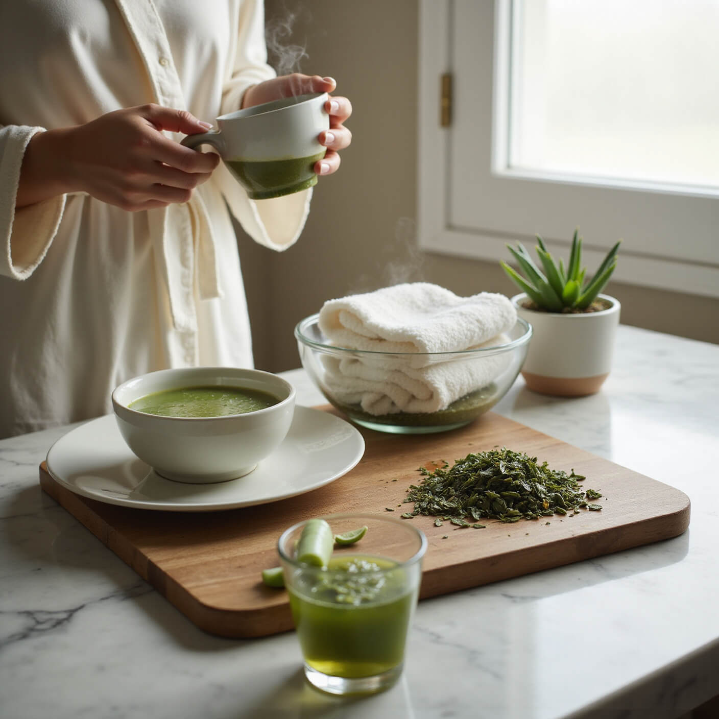 Woman in silk robe mixing green tea skincare paste on marble vanity with steaming tea, tea leaves, jade roller, towels, and aloe plant in soft morning light.