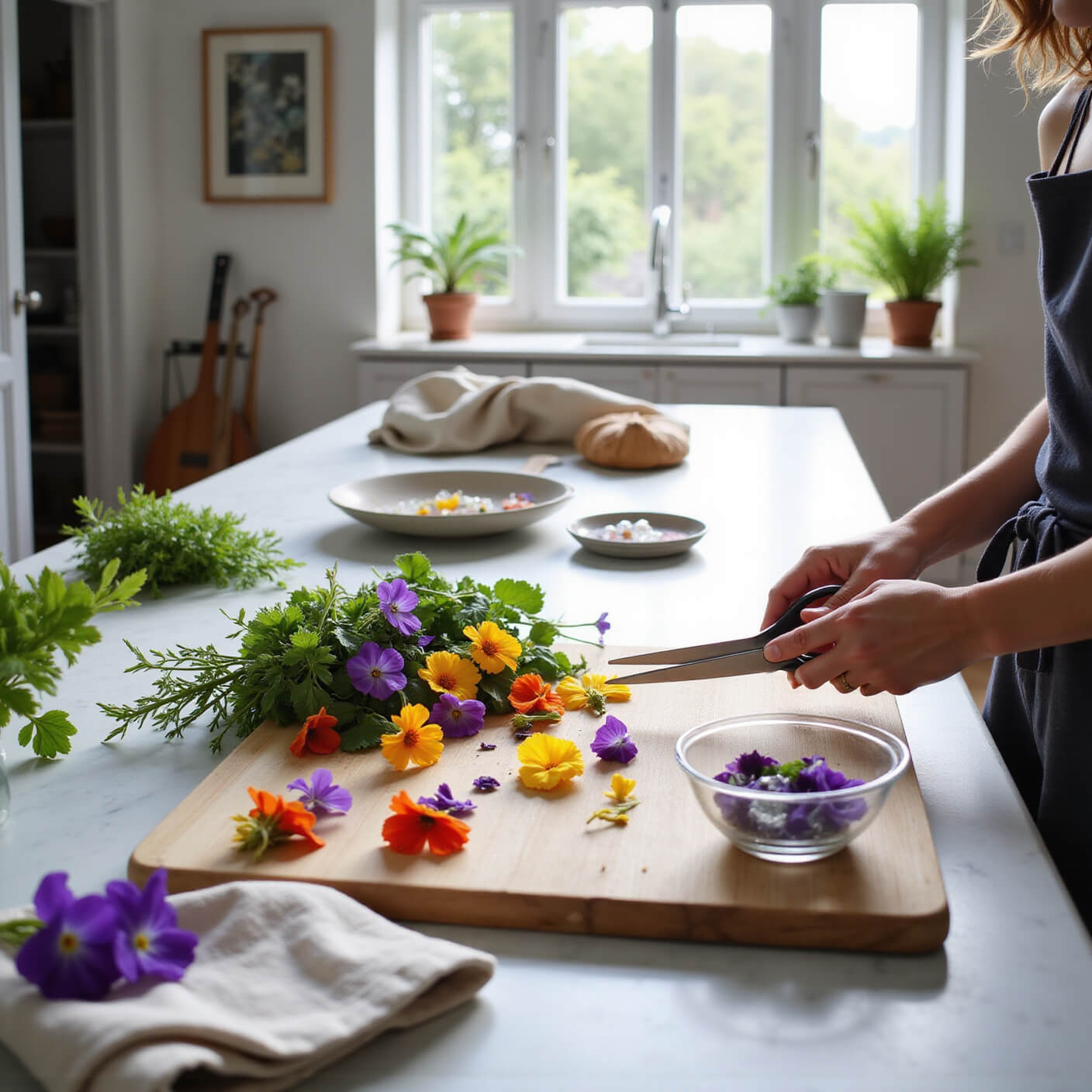 Chef's hands arranging edible flowers on a white marble kitchen island, surrounded by crystallized violets, flower ice cubes, and gardening tools, in soft morning sunlight.