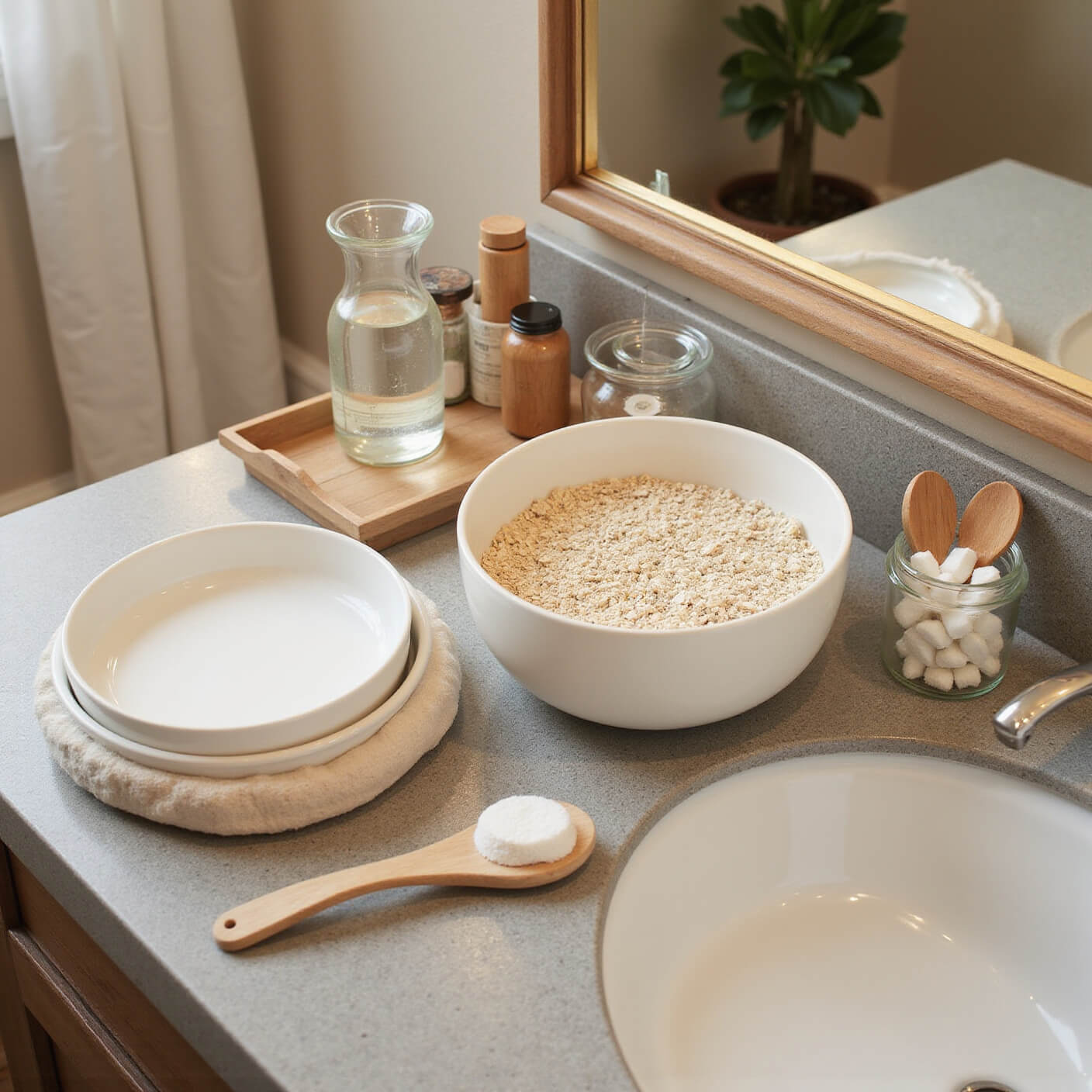 Overhead view of a serene contemporary bathroom at golden hour, featuring a circular DIY skincare station with oatmeal dust in sunlight, rose water in a vintage bottle, a white porcelain bowl on a grey stone counter, bamboo tools, cotton rounds, and clear glass jars.