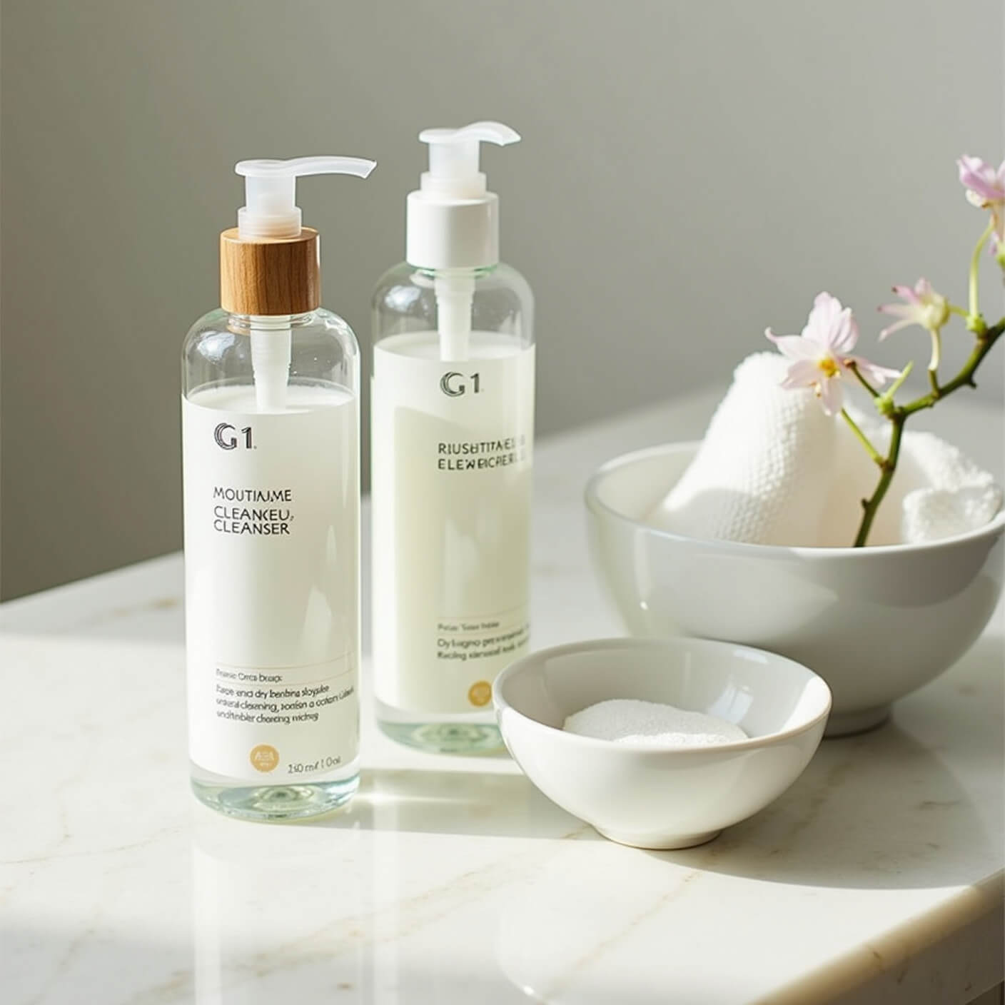 Minimalist vanity with clear glass cleansers, bamboo pads, ceramic bowl, microfiber cloth, and orchid on marble surface in soft morning light with bokeh effect.
