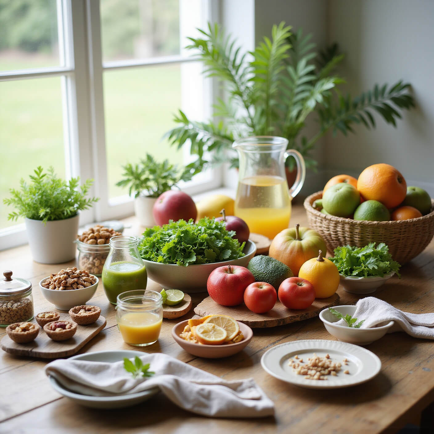 Bright, sunlit kitchen scene with fresh fruits, vegetables, leafy greens, nuts in glass jars, crystal water pitcher, green tea setup, and rustic touches like a woven basket and linen napkins.