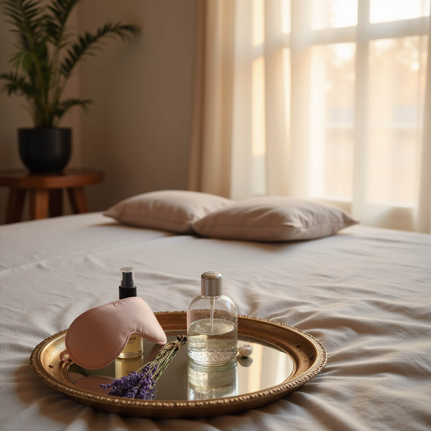 Cozy bedroom corner with silk eye mask, lavender spray, and crystal facial roller on vintage tray; meditation cushion by window with sunset light and soft, calming textures.