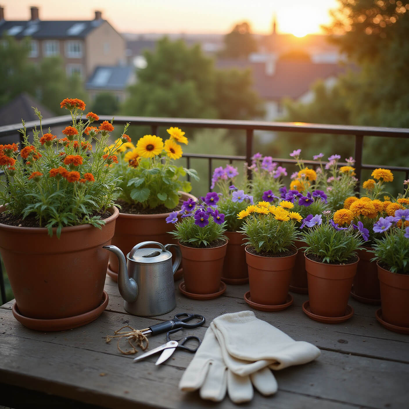 Urban balcony garden at golden hour with copper and terracotta pots of herbs and flowers, cascading nasturtiums, colorful pansies and calendula, rustic tools on a wooden table, and a vintage watering can, city skyline blurred in background.