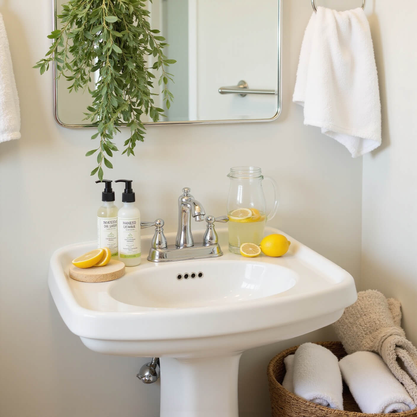 Serene bathroom wellness corner at dawn with white pedestal sink, olive oil skincare products, water carafe with lemon slices, woven basket of rolled towels, and eucalyptus bunch hanging from shower rod.
