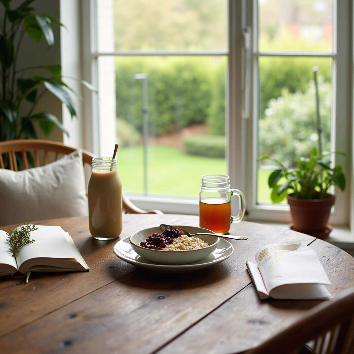 Rustic breakfast nook with oatmeal, smoothie, and tea on wooden table, open journal, rattan chair, and potted plants in morning light.