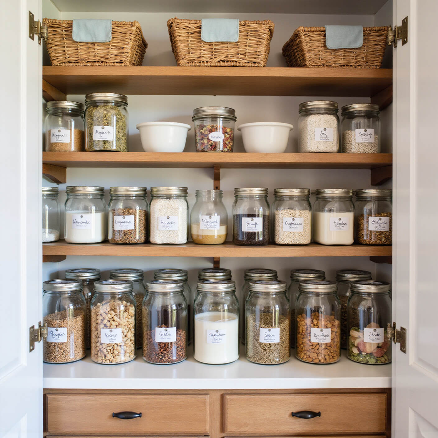 Well-organized functional wellness pantry with glass containers of dried herbs, nuts, seeds, and teas, wooden shelves, woven baskets, and handwritten labels in soft afternoon light.