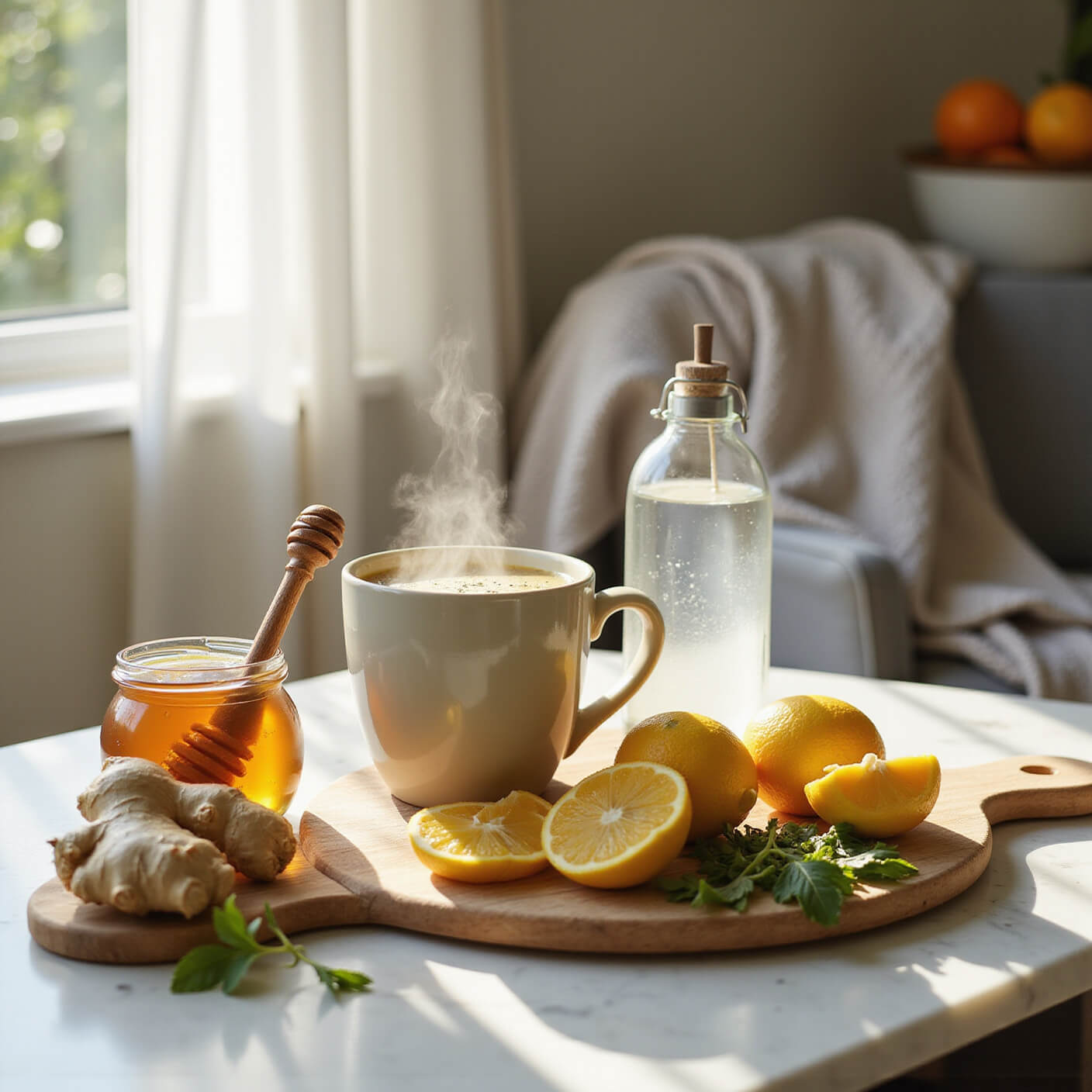 Sunlit modern kitchen counter with steaming ceramic mug of herbal tea, honey jar, lemon slices, glass water bottle, ginger root, fresh herbs, citrus fruits, and a cozy throw blanket in soft morning light.