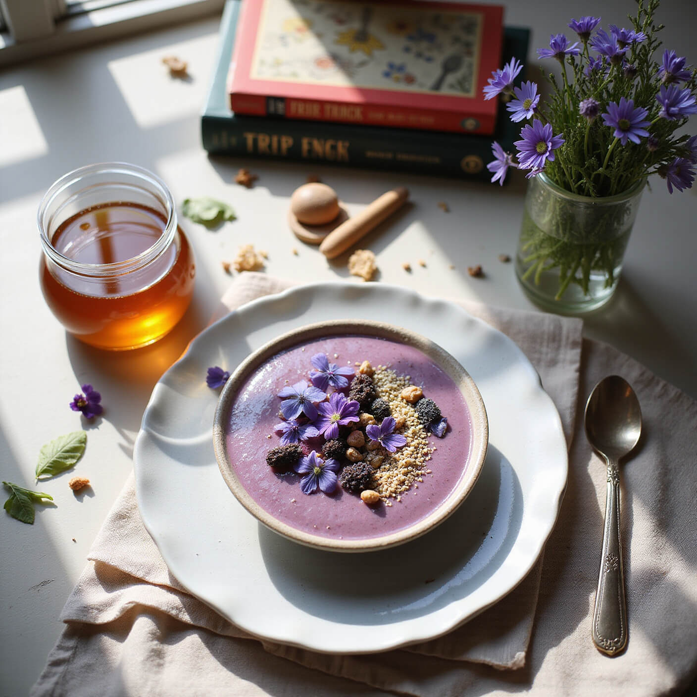 Overhead view of a sunlit breakfast table with a smoothie bowl topped with borage flowers and crystallized violets, flower-infused honey, cookbooks, a vase of edible flowers, linen napkins, and vintage silverware.