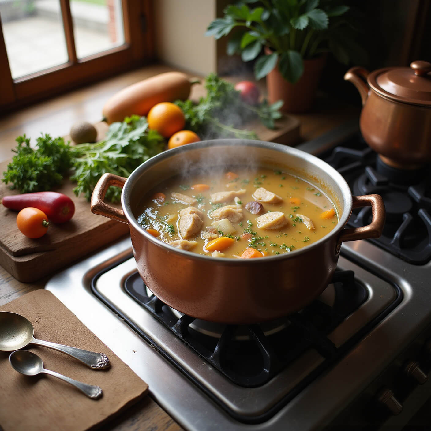 Overhead view of a cozy vintage kitchen scene with chicken soup simmering in a copper pot on a gas stove, fresh vegetables and herbs on a rustic cutting board, and earthenware bowls with antique silver spoons ready for serving, bathed in warm afternoon light.