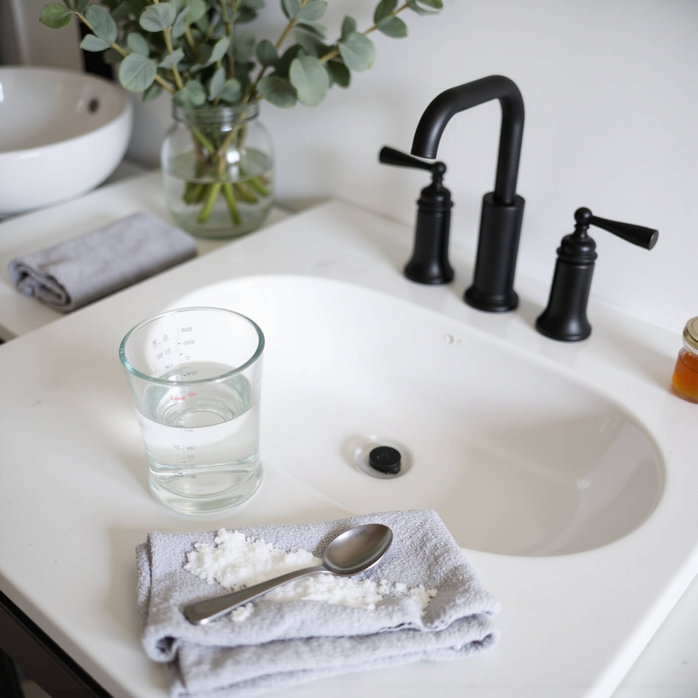 Serene bathroom vanity with crystal glass of saltwater, salt spoon, timer, eucalyptus in a minimalist vase, marble countertop, folded Turkish towels, honey jar, and matte black fixtures in soft morning light.