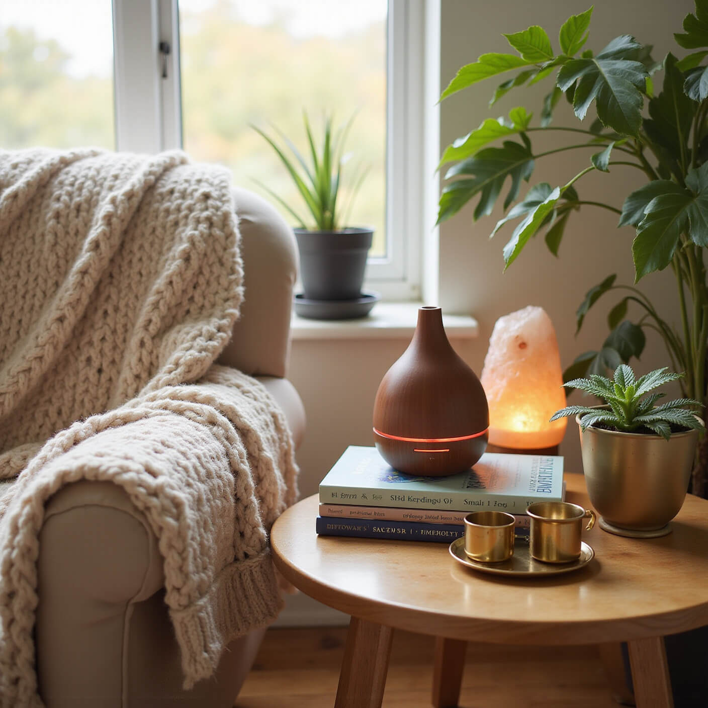 Cozy living room recovery corner with a plush armchair, chunky knit blanket, misting essential oil diffuser, wellness books, brass tea set, potted plants, and Himalayan salt lamp in warm afternoon light.