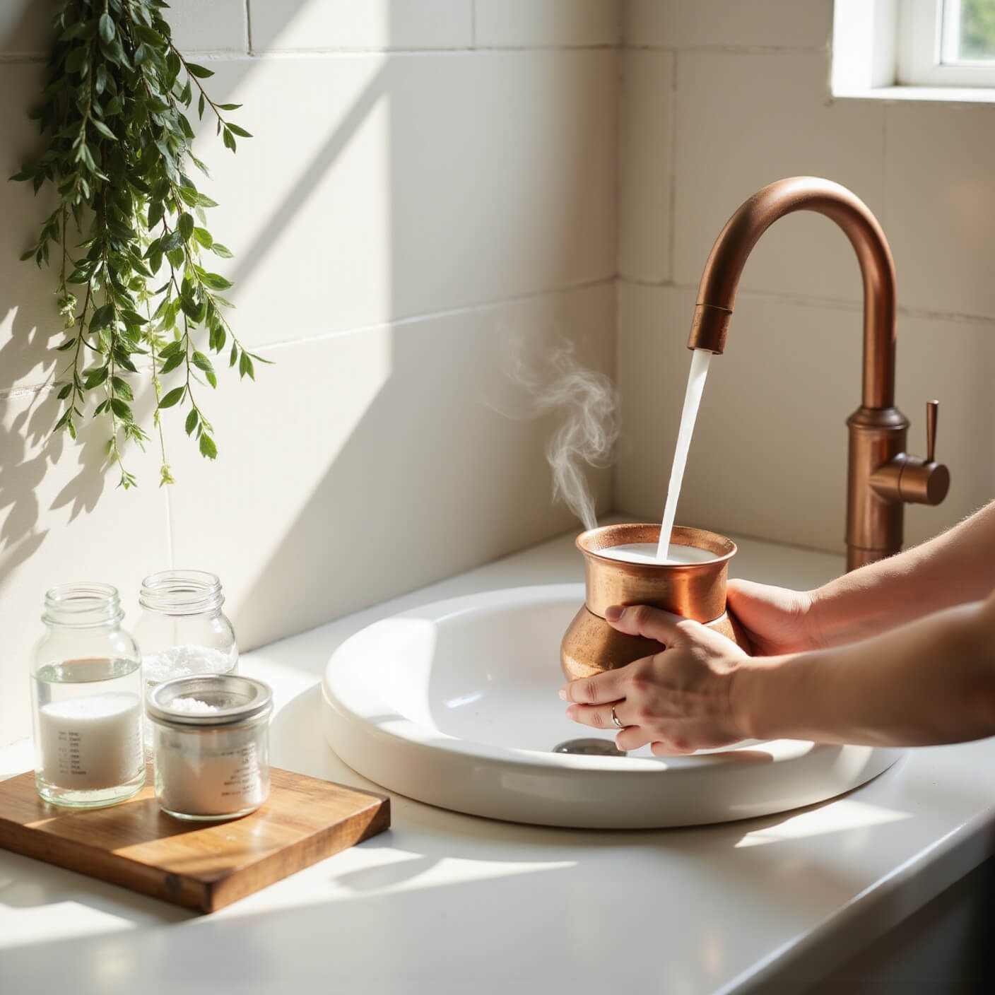 Person using copper neti pot for nasal irrigation over white sink in minimalist bathroom with soft lighting, bamboo tray of supplies, and eucalyptus decor.