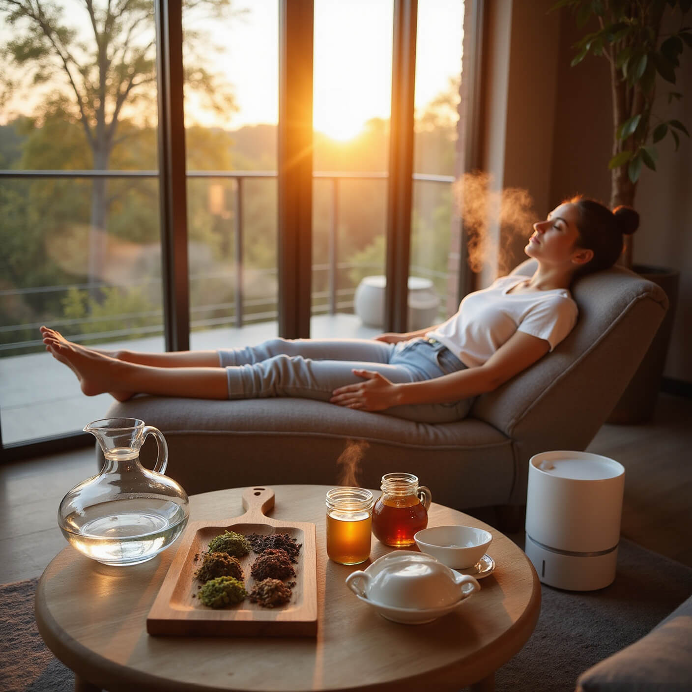 Cozy living room corner with floor-to-ceiling windows at golden hour; person relaxing on gray chaise surrounded by crystal water carafe, herbal teas, white mugs, honey jar, and misting humidifier in warm, inviting light.