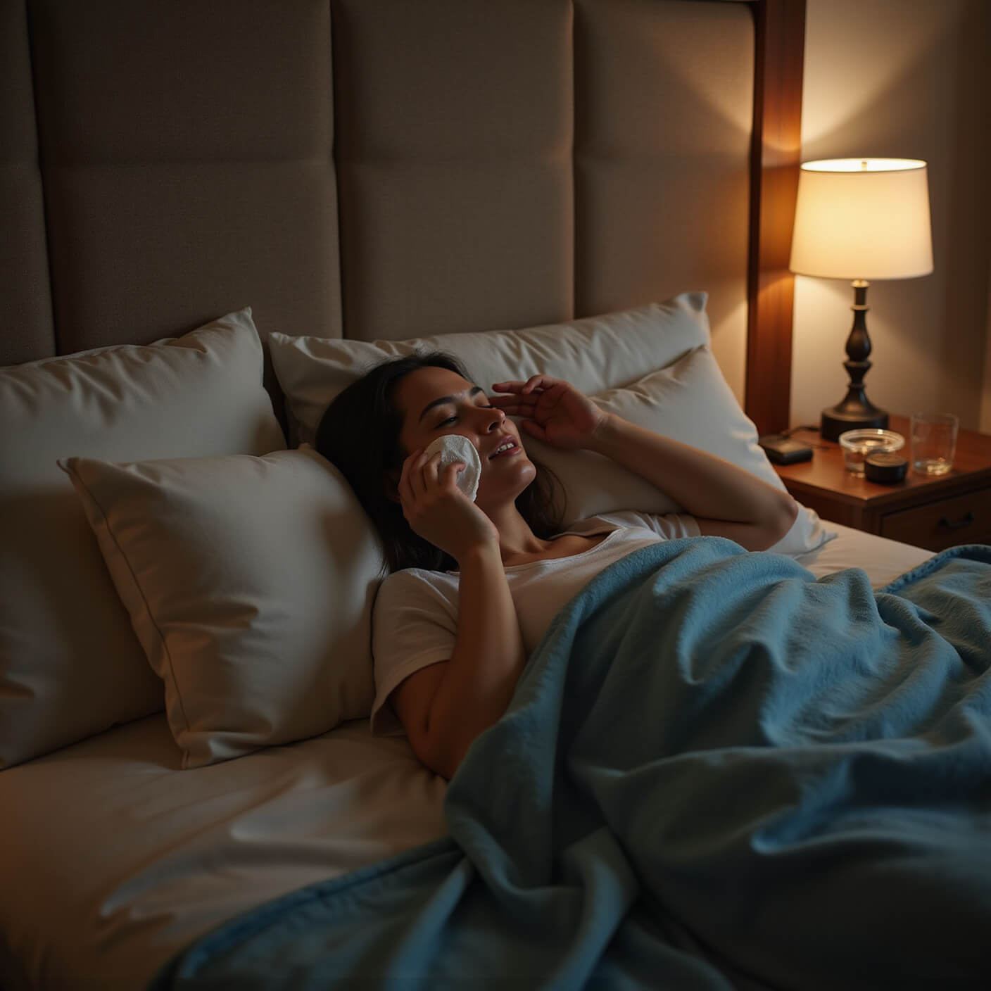 Person reclining on plush pillows in a softly lit bedroom, applying a warm compress to their face, surrounded by cozy bedding, an essential oil diffuser, and a glass of water on the bedside table.