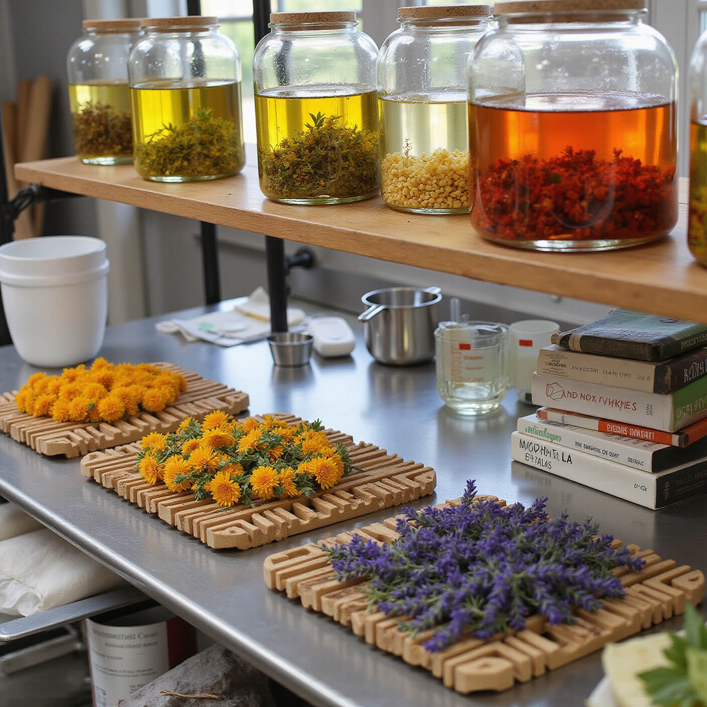 Professional kitchen displaying flower preservation with glass containers of flower-infused oils and vinegars on a wooden shelf, fresh calendula and lavender drying on racks, and tools on a stainless steel work surface.