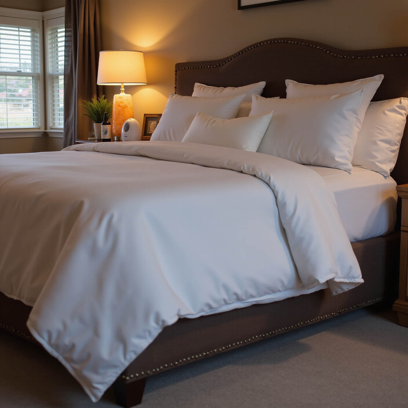 Elegant primary bedroom at dusk featuring a king bed with white linens, ergonomic pillows, a glowing Himalayan salt lamp, smart humidifier on nightstand, and lavender spray with sleep mask neatly arranged.