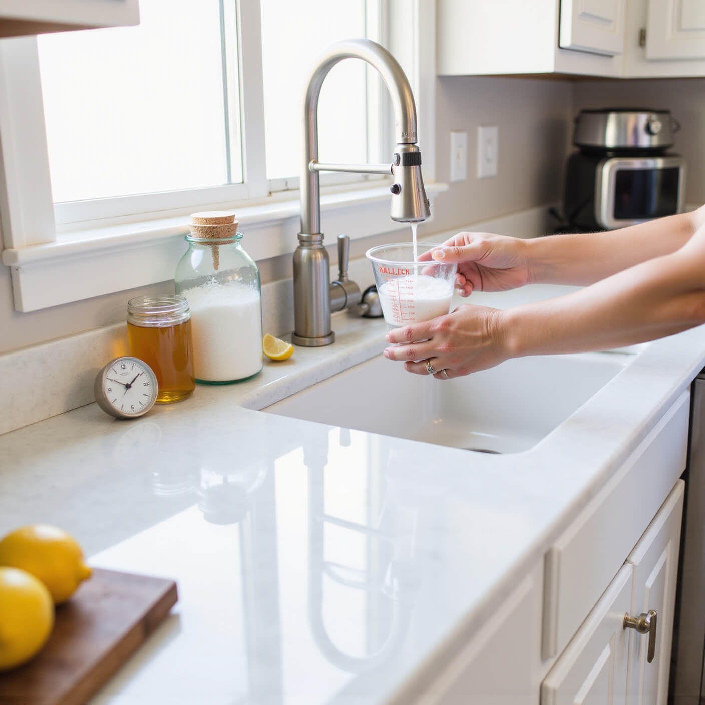 Person performing saltwater gargle at white farmhouse sink in sunlit contemporary kitchen, with glass measuring cups, sea salt, water pitcher, timer, honey, and lemon on marble counter.
