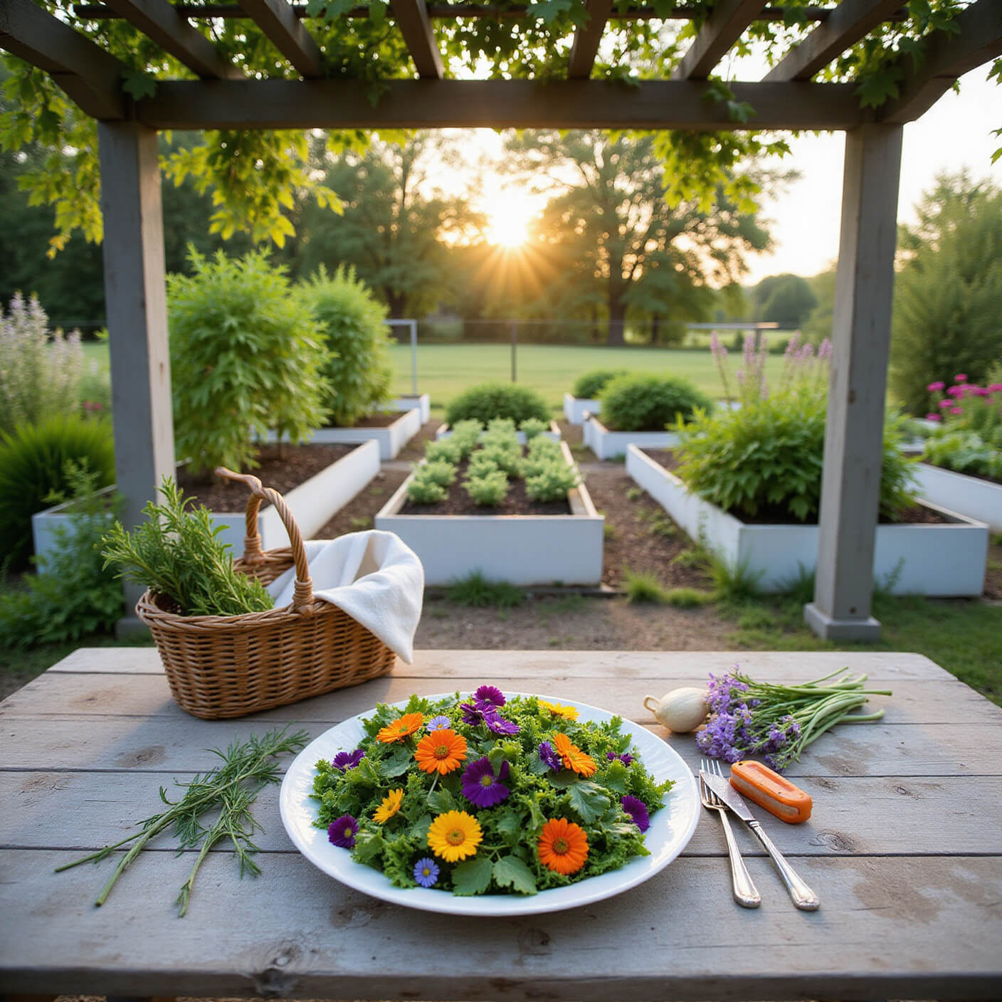 Rustic garden-to-table scene under a vine-covered pergola, featuring a wooden table with a fresh edible flower salad, gardening tools, and sunlit garden beds in the background.