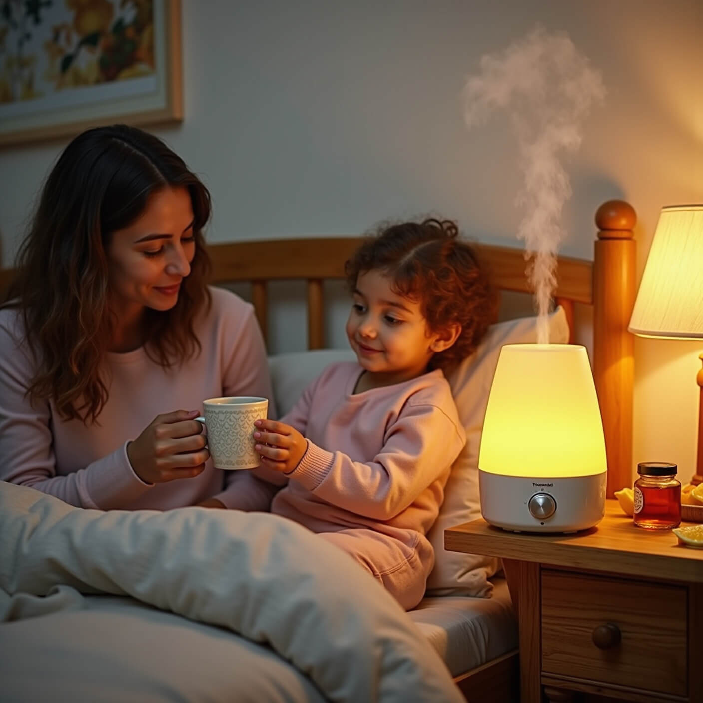 Mother offers honey-lemon tea to child in cozy, warmly lit bedroom with humidifier mist, wellness items on bamboo table nearby.