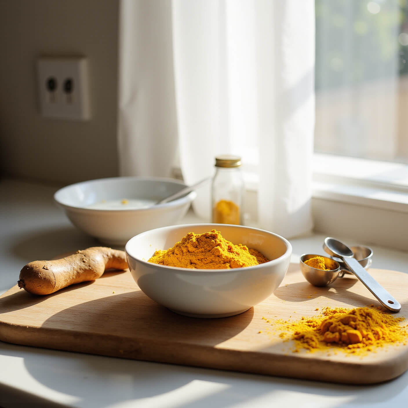 Fresh turmeric root, wooden cutting board, white bowl with turmeric-yogurt mask, and kitchen tools on a sunlit farmhouse counter.