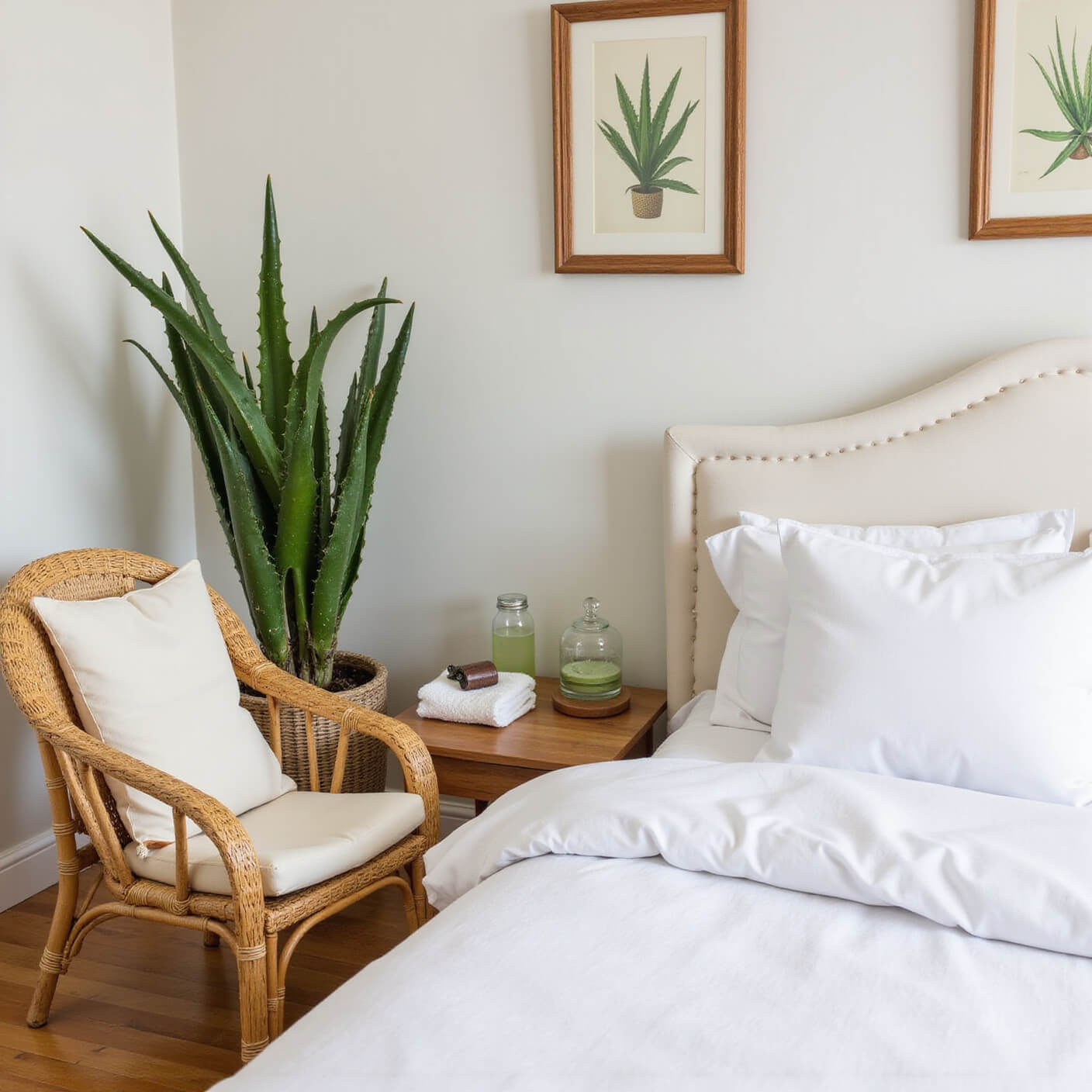 Bright, airy bedroom corner with aloe vera plants, white linens, bamboo floor, glass containers, jade roller, towels, rattan chair, and botanical prints, viewed from above.