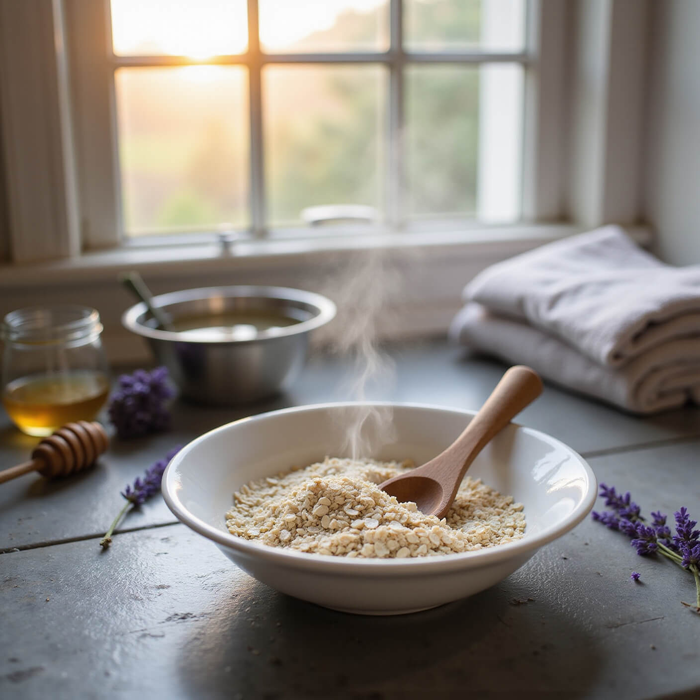 Oatmeal, honey, and wooden spoon in white bowl on grey stone counter in steamy, spa-like bathroom with lavender, linen cloths, and soft dawn light through frosted windows.