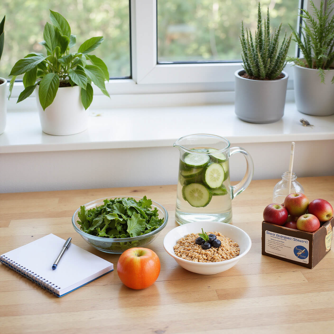 Overhead view of a clean eating kitchen setup with fresh fruits, leafy greens, a cucumber water pitcher, whole grain breakfast bowl, wellness journal, glass water bottle, and supplement organizer on a light oak table, framed by trailing plants and afternoon sunlight.