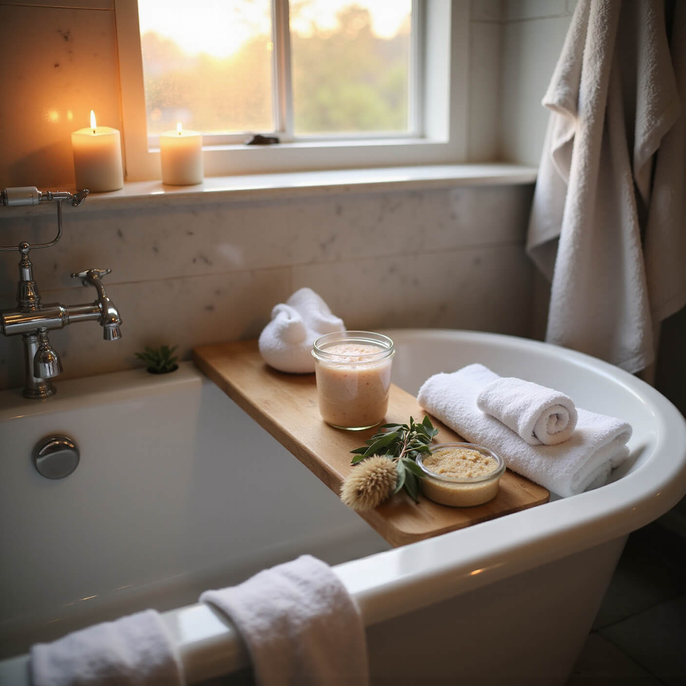 Cozy master bathroom with white freestanding tub, eucalyptus branches, soy candles glowing on marble tile, Himalayan salt scrub, dry brush, and rolled organic cotton towels, captured through steamy golden hour light.