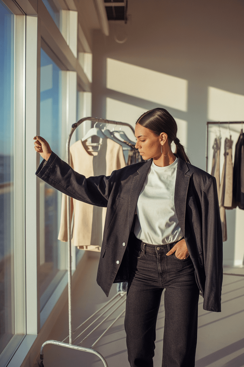 Minimalist sunlit walk-in closet with a fashion influencer organizing neutral-toned wardrobe essentials on a white clothing rack; featuring denim, cotton, and leather textures in soft golden morning light.