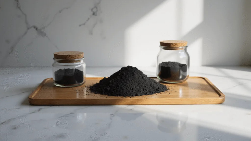 Activated charcoal powder on bamboo tray, white marble background with glass jars, in soft morning light