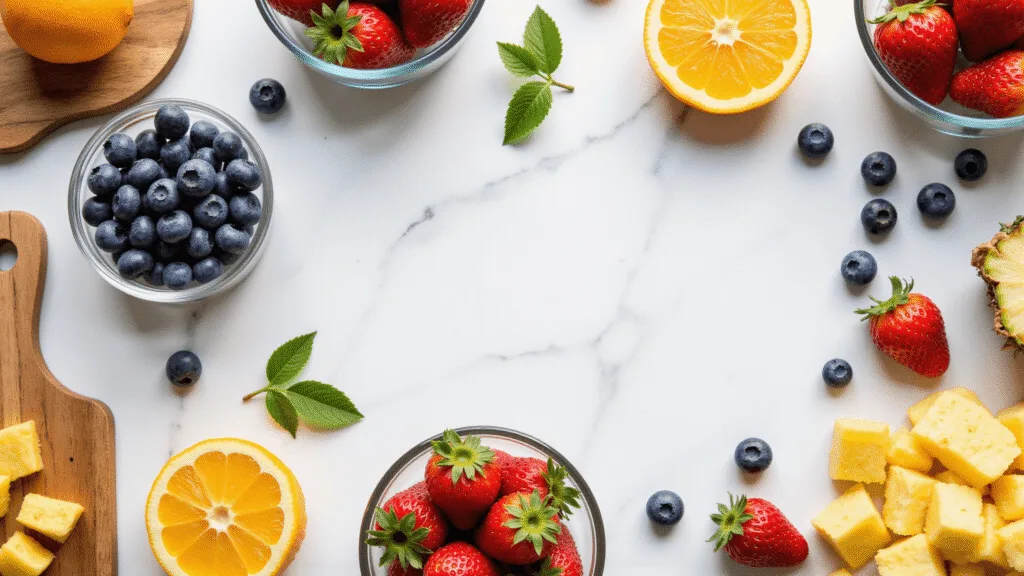 "Antioxidant-rich fruits including blueberries, strawberries, citrus, and pineapple displayed on a white marble surface in soft morning light"