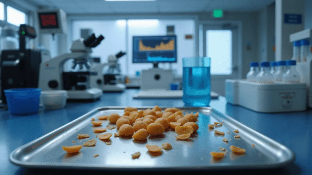 "Apricot seeds and fruit pits on an examination tray in a modern medical laboratory with scientific equipment"