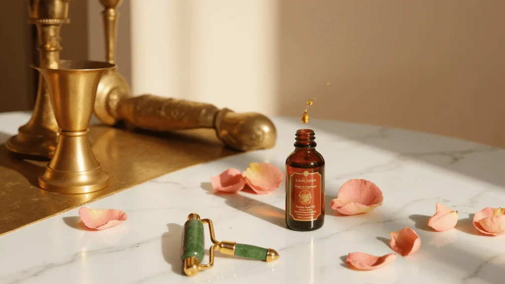 "Golden drops of argan oil falling from an amber bottle in a luxurious Moroccan spa setting with rose petals, jade roller, and brass accessories on a marble vanity under soft sunlight."