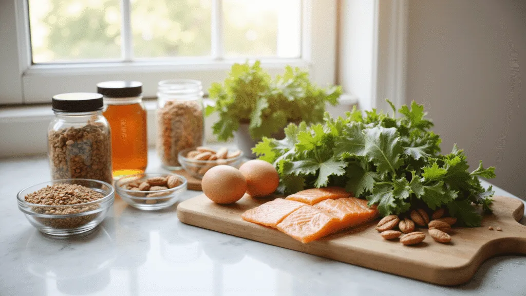 "Healthy breakfast ingredients rich in B vitamins arranged on a white marble countertop - eggs, salmon, leafy greens, whole grains, glass jars with quinoa and nuts, wooden cutting board, vitamin bottles in soft morning sunlight."