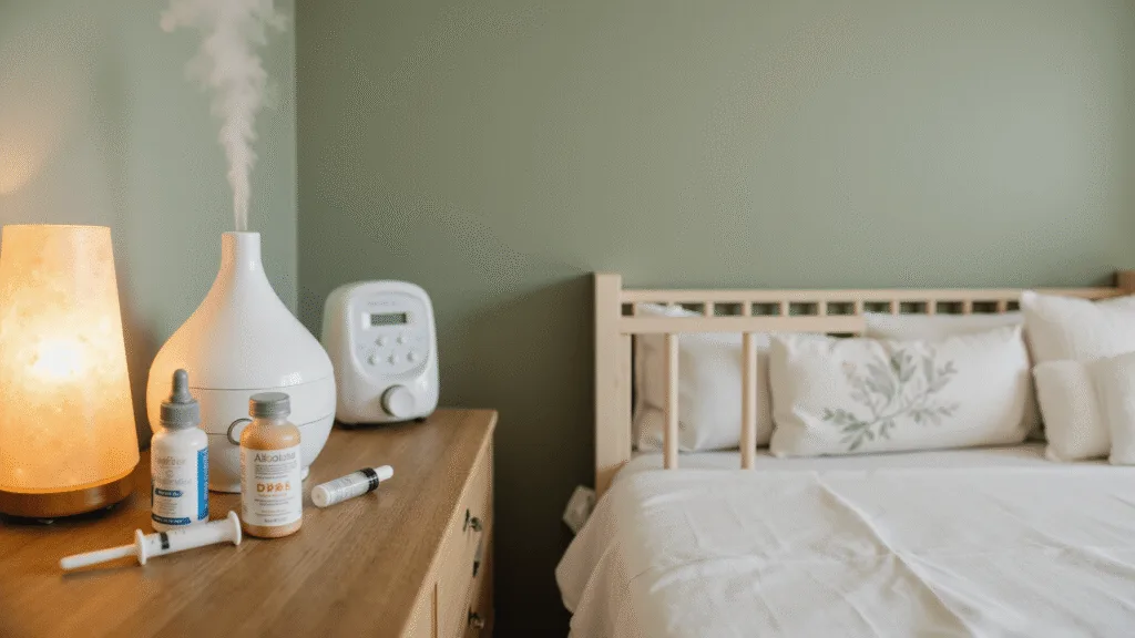 "Modern nursery with cool mist humidifier, medical supplies on a wood dresser, sage green walls, elevated crib with white cotton bedding, salt lamp, temperature monitor and air purifier."