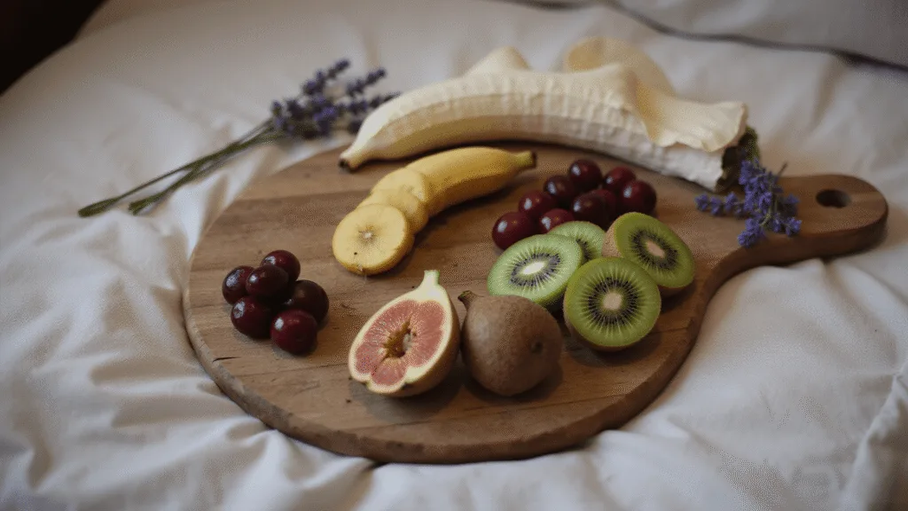 "Rustic evening scene with kiwis, cherries, banana and figs arranged on a wooden board in soft lighting"