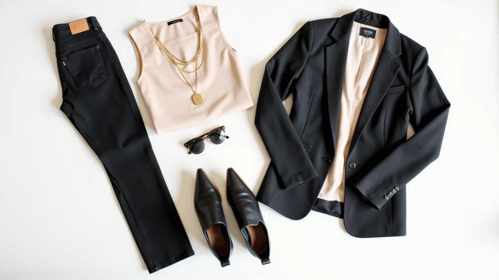 "Flat lay fashion display featuring black skinny jeans coordinated with a cream blouse, leather ankle boots, gold necklaces, a structured blazer and sunglasses on a white background"