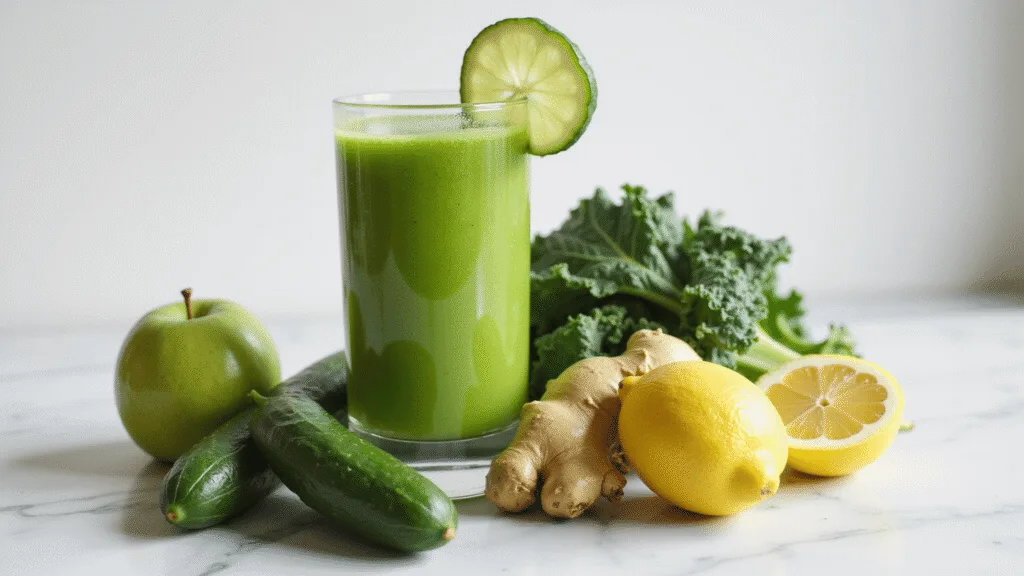 "Fresh green juice in a tall glass garnished with cucumber and lemon, with ingredients like apple, cucumbers, kale, ginger, and lemon spread around on a marble surface"