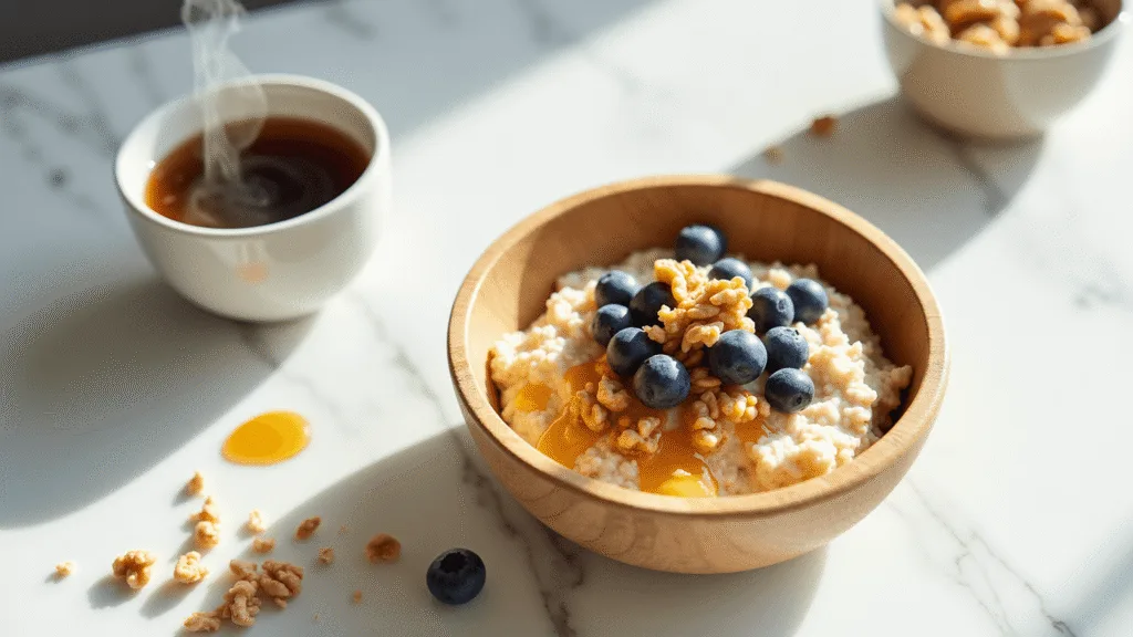 "Oatmeal with blueberries, walnuts and honey on a marble counter in a sunlit kitchen"