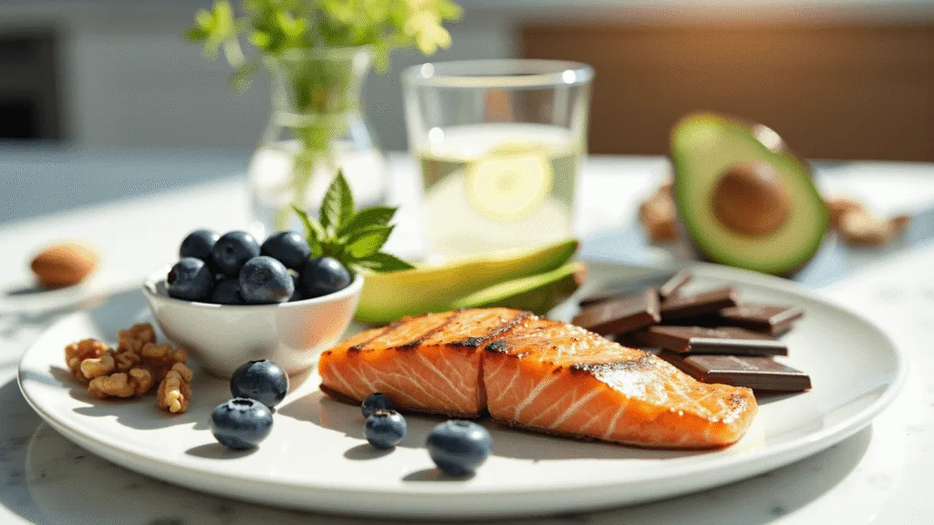 "Brain-boosting foods including grilled salmon, blueberries, avocado, dark chocolate, and nuts artistically arranged on a marble countertop in a sunlit kitchen."