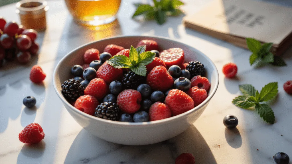 "Bowl of mixed berries in golden hour sunlight on marble counter, surrounded by mint leaves, honey jar, and a wellness journal"